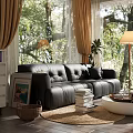 Modern Living Room Featuring Black Leather Sofa Floor To Ceiling Windows And Natural View