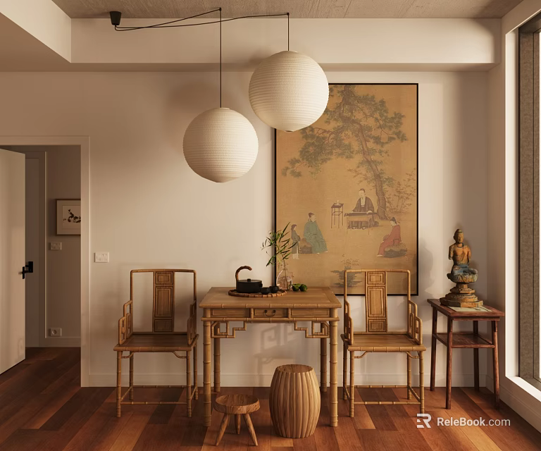 Elegant Solid Wood Tea Table And Chairs Set For Warm Zen Style Chinese Tea Room 3d model 
