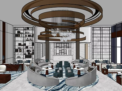Spacious Modern Hotel Public Lounge With Circular Seating Chandelier Bookshelves And Large Windows 3d model