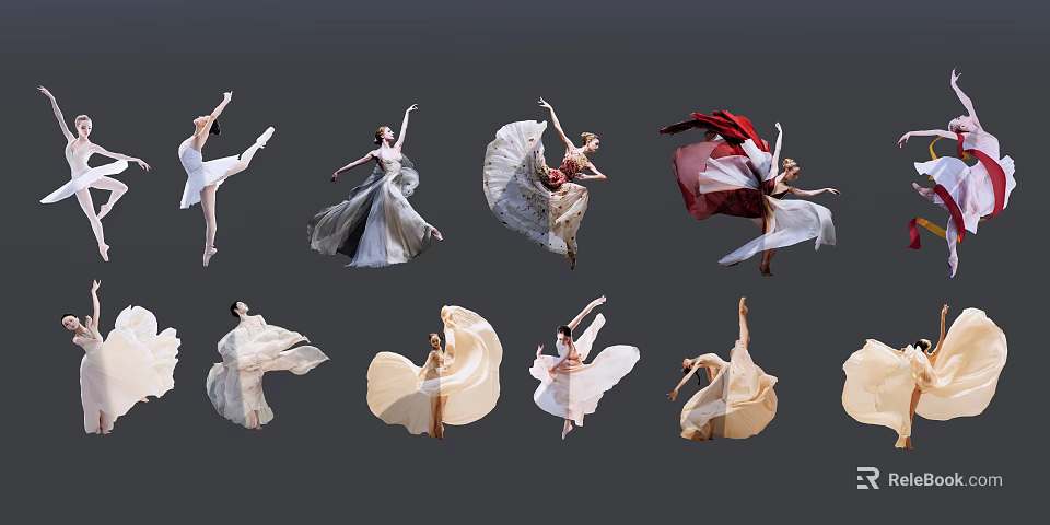 Ballet Dancers In Different Colored Flowing Dresses Performing Graceful Dance Moves 3d model 