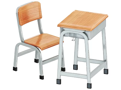 Simple Student Desk With Wooden Top And Metal Frame Matching Chair 3d model