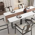 Chinese Style Wooden Dining Table Set With Six Chairs Table Runner Plates And Wine Glasses