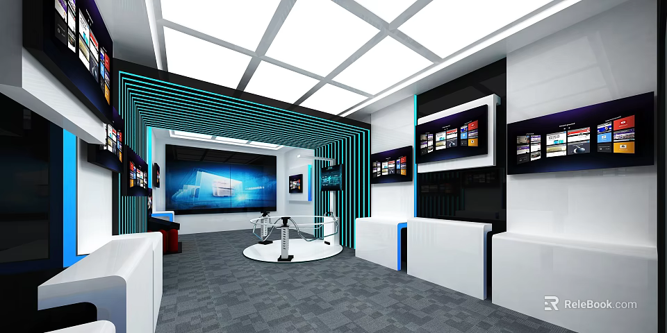 Modern Technology Exhibition Hall With Multiple Screens And Display Stands 3d model 