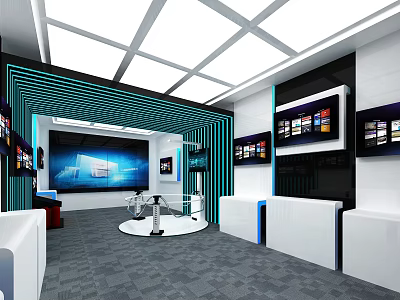 Modern Technology Exhibition Hall With Multiple Screens And Display Stands 3d model