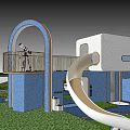 Community Garden Landscape With Blue White Building Circular Window Arched Door Large Tree Round Table