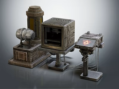Vintage Industrial Mechanical Components With Tower Structure Box Unit And Glowing Panel 3d model