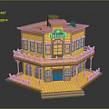 Vibrant Two Story Palomino Building 3D Model With Yellow Exterior Pink Balconies And Wooden Porch