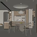 Modern Restaurant Space With Dining Table Chairs Wooden Elements Round Pendant Light And Cozy Fireplace