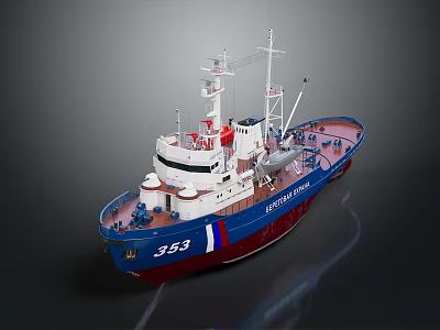 Blue White Red Rescue Boat 353 With Crane And Rescue Equipment 3d model