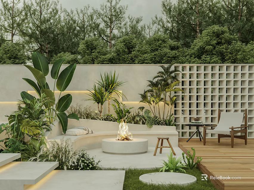 Modern Garden Landscape With White Walls Lattice Wall Fire Pit Green Plants And Wooden Deck 3d model 