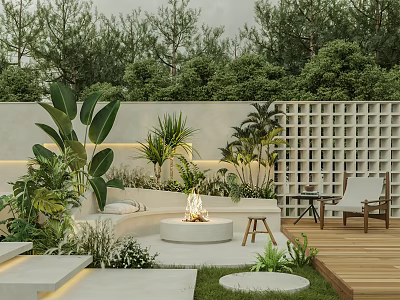 Modern Garden Landscape With White Walls Lattice Wall Fire Pit Green Plants And Wooden Deck 3d model
