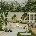 Modern Garden Landscape With White Walls Lattice Wall Fire Pit Green Plants And Wooden Deck