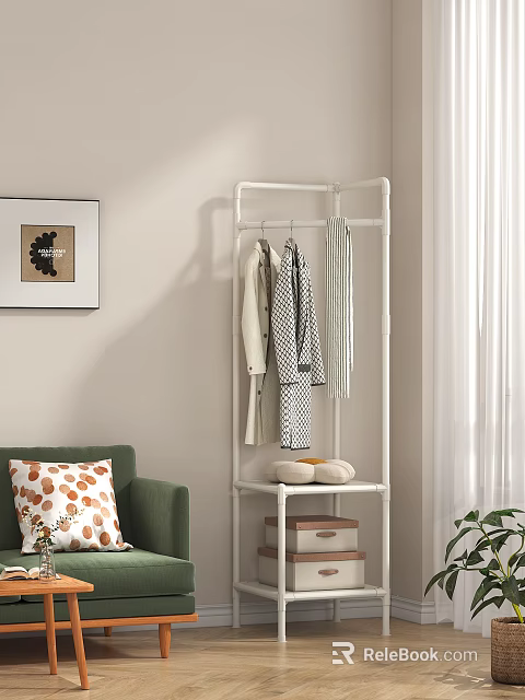 White Modern Clothes Rack With Hanging Clothes And Storage Shelf In Living Room 3d model 