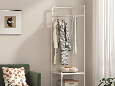 White Modern Clothes Rack With Hanging Clothes And Storage Shelf In Living Room 3d model