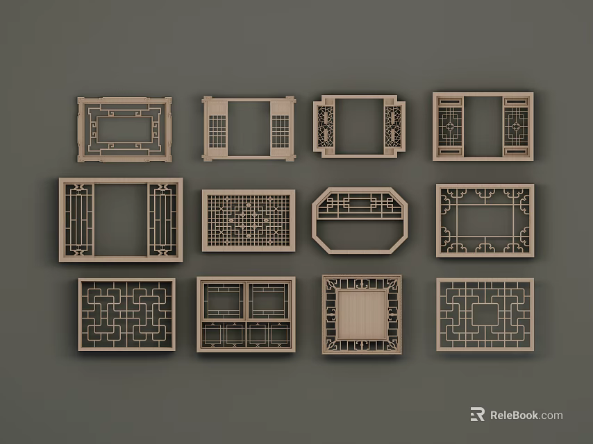 Ornate Carved Lattice Windows Featuring Various Traditional Wooden Design Patterns And Styles 3d model 