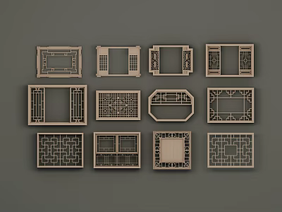 Ornate Carved Lattice Windows Featuring Various Traditional Wooden Design Patterns And Styles 3d model