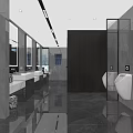 Modern Public Restroom Interior With Three Washbasins Mirrors And Green Plant