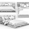 Double Bed with Pallet Frame White Pillows White Bedspread and Dark Textured Blanket 3d model