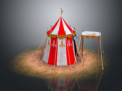 Red and white striped tent featuring decorative spire golden patterns and adjacent canopy on grass 3d model