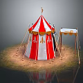 Red and white striped tent featuring decorative spire golden patterns and adjacent canopy on grass