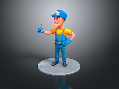 Household Decorative Figure with Blue Cap Orange Shirt Overalls Gloves Gray Base Thumbs Up 3d model
