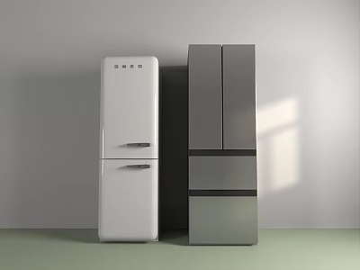 Modern Kitchen Appliances White And Gray Refrigerators On Light Green Countertop With Gray Wall Sunlight 3d model