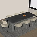 Modern Black Rectangular Dining Table Set With Beige Chairs Yellow Plate And Gray Rug 3d model
