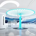 Contemporary Exhibition Booth Interior With White Curved Structure Blue Displays Shelves And Visitors