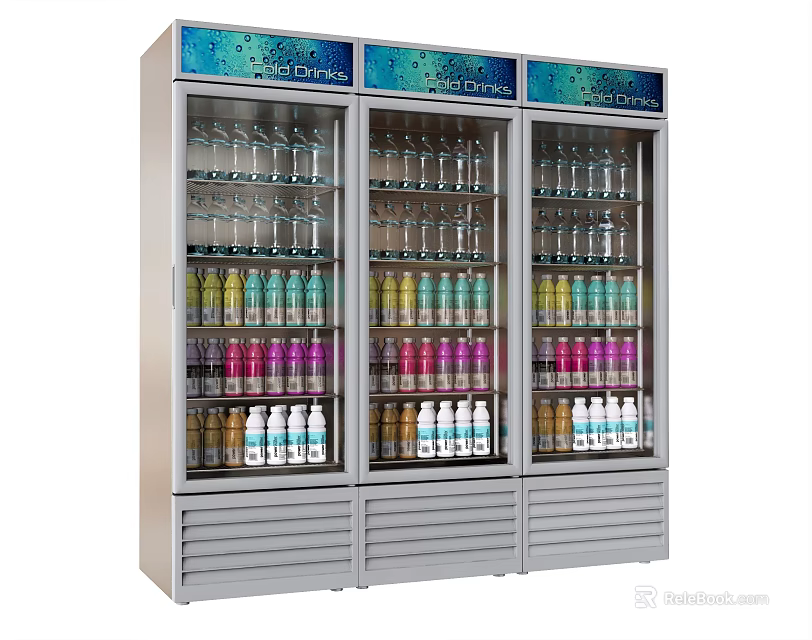Stainless Steel Commercial Display Refrigerator Freezer With Three Glass Doors And Beverages 3d model 