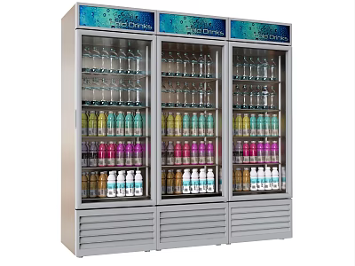 Stainless Steel Commercial Display Refrigerator Freezer With Three Glass Doors And Beverages 3d model