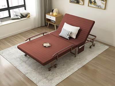 Red Folding Bed with White and Striped Pillows on Wooden Floor with Rug 3d model