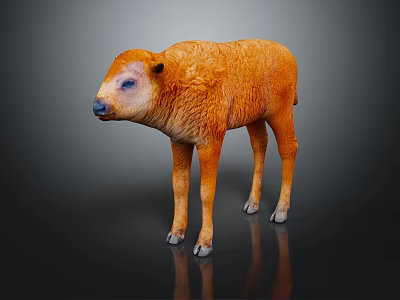 Orange Calf Model With Glossy Coat Standing On Black Reflective Surface 3d model