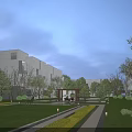 Modern Multi Story Residential Building With Gray Exterior Lawn Trees Pathways And Street Lamps