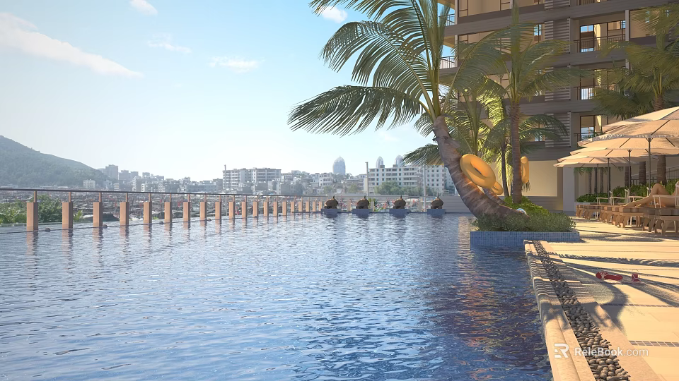 Luxury Swimming Pool Area With Palm Trees And City Skyline High Rise Buildings 3d model 