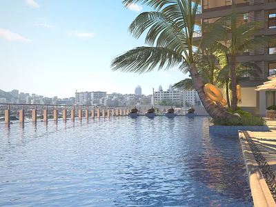 Luxury Swimming Pool Area With Palm Trees And City Skyline High Rise Buildings 3d model