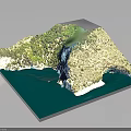 Detailed Terrain Model Featuring Mountainous Landscape Green Vegetation And Blue Coastal Waters