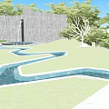 Modern Garden Landscape With Curved Pathways Lawn Seating Areas Trees And Glass Structures