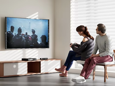 Two People Sitting And Watching TV With Group Scene On Television Screen In Living Room 3d model