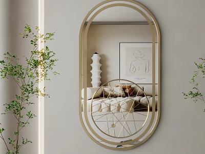 Oval Gold Frame Mirror In Modern Living Room With Sofa Artwork And Green Plants 3d model