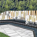 Modern Building Facade With Decorative Stripes Green Trees And Sculptural Artwork