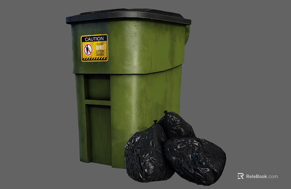 Public Facility Green Garbage Bin With Caution Sign And Black Garbage Bags 3d model 