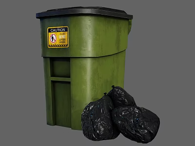Public Facility Green Garbage Bin With Caution Sign And Black Garbage Bags 3d model