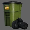 Public Facility Green Garbage Bin With Caution Sign And Black Garbage Bags