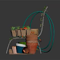 Green Wooden Garden Bench with Plant Pots Gardening Tools and Fresh Vegetables