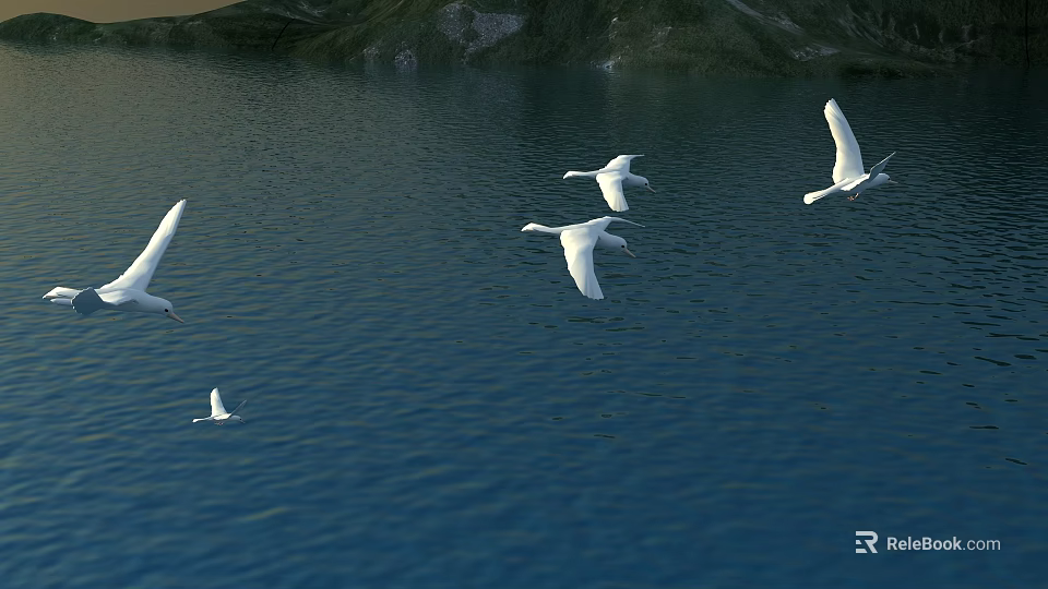 Flying Swans Over Blue Water Surface With Green Shore And Natural Landscape 3d model 