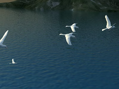 Flying Swans Over Blue Water Surface With Green Shore And Natural Landscape 3d model