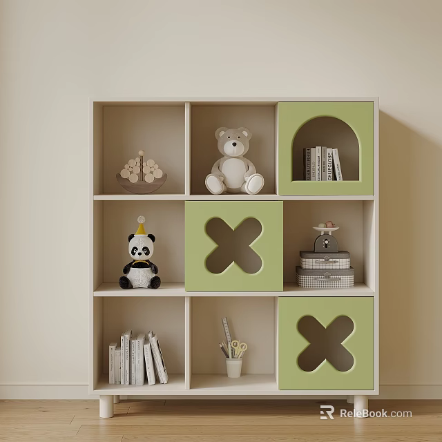 Kids Room Storage Shelf With Green Compartments Teddy Bear Panda Plush And Books 3d model 