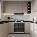 Modern Kitchen Interior Featuring Beige Cabinets Black Countertop Marble Backsplash And Range Hood 3d model