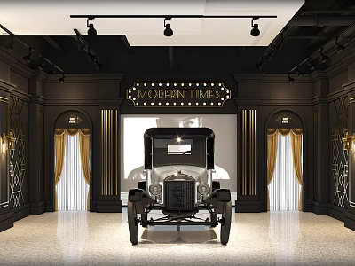 Vintage Car Display in Modern Times Themed Showroom With Black Decor Gold Curtains and Lights 3d model