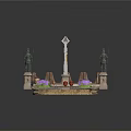 Decorative Courtyard Design With Stone Statues Obelisk Tiled Floor And Purple Flowers